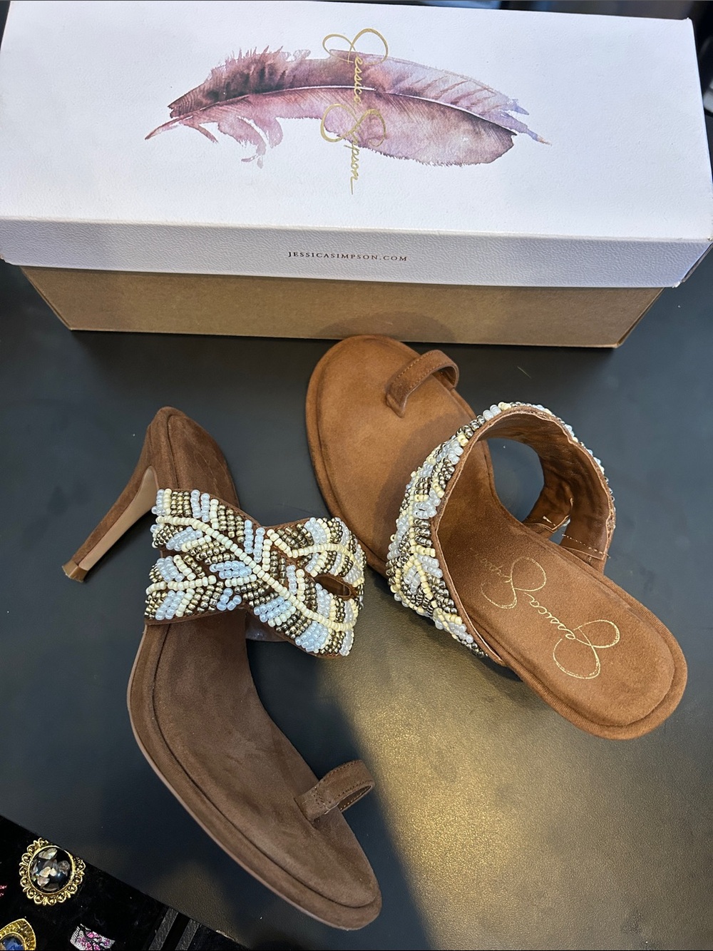 Jessica Simpson Brown Braided Beaded Toe-Loop Sandals - Picture 2 of 5